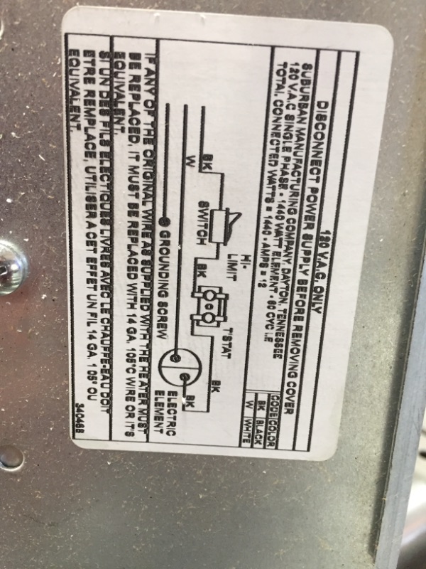 Photo 7 of (DENTED HEATER/BASE; BENT ATTACHMENT) 
Suburban Direct Spark Ignition with Electric Element (DE) Gas Water Heater, 10 Gallons
