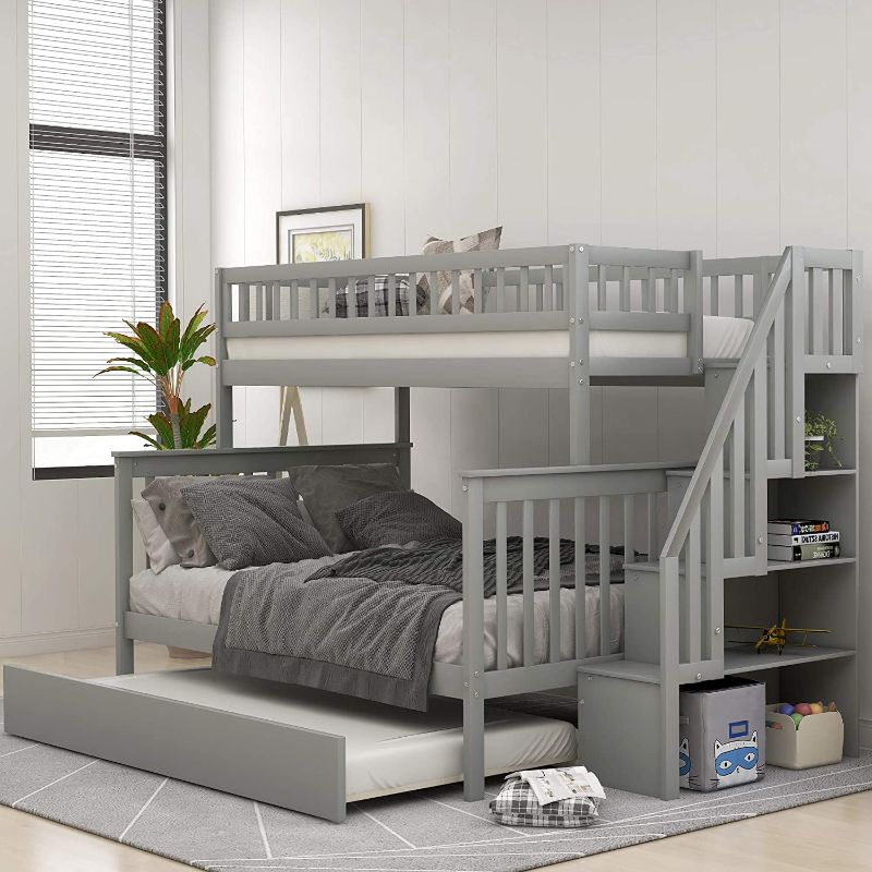 Photo 1 of (NOT COMPLETE BED SET) 
(ONLY BOX 2&3) 
(REQUIRES BOX1 FOR COMPLETION) 
Merax Twin-Over-Full Stairway Bunk Bed with Shelves and Ladder (Grey, Twin Over Full with Trundle)
