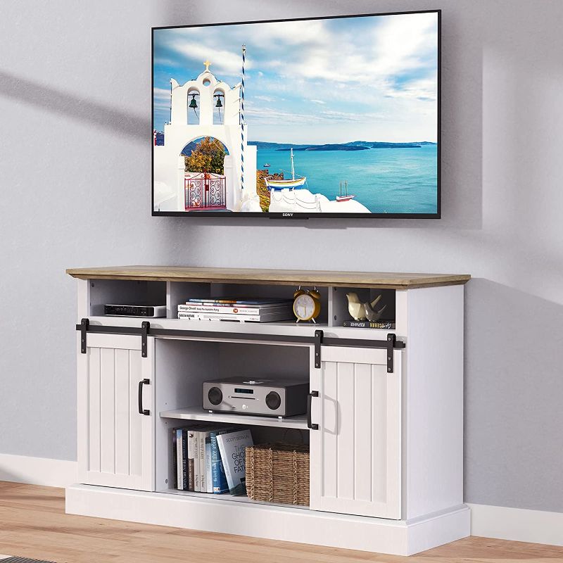 Photo 1 of **PARTS ONLY ** Furnimics Farmhouse TV Stand for TVs up to 65 Inch, Sliding Barn Door TV Stand for Living Room, Bedroom, White Entertainment Center TV Stand Cabinet with Adjustable Shelves&Cable Management, FMWTS01W
