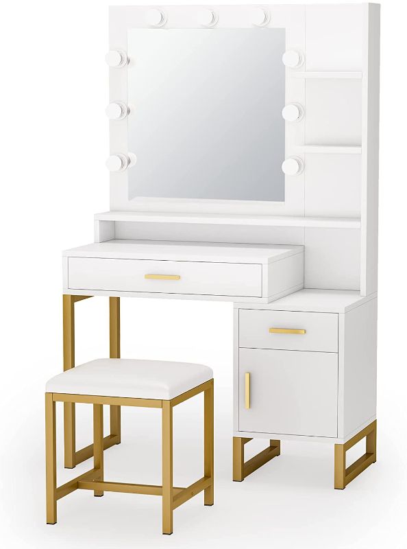 Photo 1 of  Vanity Set with Lighted Mirror & Stool, Elegant Makeup Table Vanity Dresser with 9 LED Light, Drawer, Storage Shelves and Cabinet for Women Girls, Dressing Table for Bedroom, White and Gold
