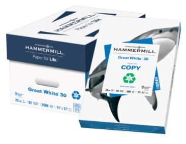 Photo 1 of ***Case Of 5 Reams***Hammermill® Great White® Copy Paper, Ledger Size (11" X 17"), 20 Lb, 30% Recycled, White, 500 Sheets Per Ream, 