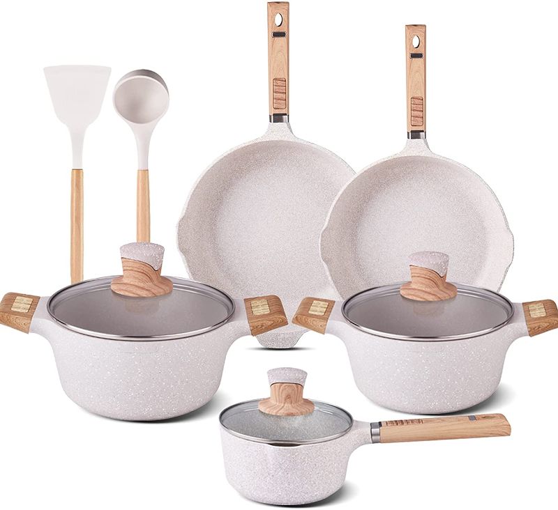 Photo 1 of ***MISSING SPOON, SHOVEL, AND POT*** YIIFEEO 16 Pieces Cookware Set, Nonstick Pans and Pots Sets, Stone Non Stick Frying Pans and Saucepan Sets with Cooking Utensils,Induction Compatible (Cream Marble)
