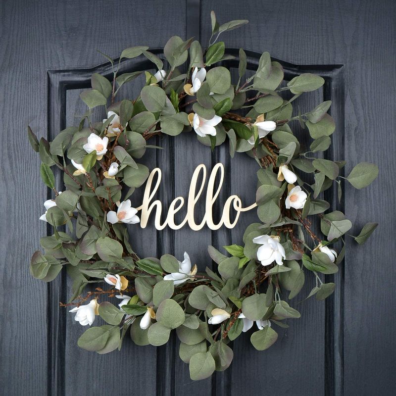 Photo 1 of **DAMAGED**
QUNWREATH Eucalyptus Wreath Spring Summer Wreath for Front Door Magnolia Wreath 20 Inch Green Leaf Wreath Hello Wreath Lily Wreath
