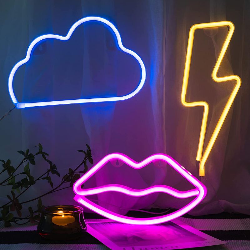 Photo 1 of **DIFFERENT FROM STOCK PHOTO**
3 Pack LED Decorative Neon Night Signs- Pink Lip Blue Cloud Warm Lightning Shaped Neon Wall Decoration Lights with Hanging Hook Holes LED Light Party Supplies for Wedding Birthday Holiday Home Decors
