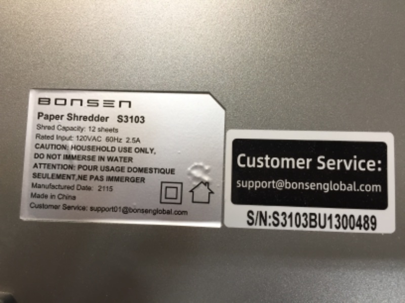 Photo 5 of DOES NOT TURN ON, BONSEN Paper Shredder for Home Use, 12-Sheet Credit Card Crosscut Shredder for Home Office, 6 Gallons Large Wastebasket with Transparent Window, High Security Level P-4, Black (S3103)
****DOESN'T POWER ON, USED**
