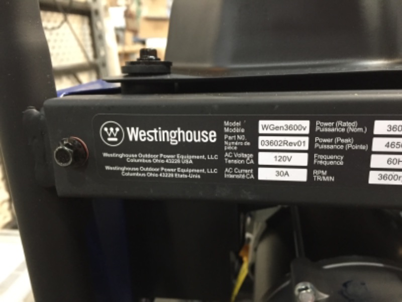 Photo 6 of Westinghouse WGen3600v Portable Generator - 3600 Rated Watts & 4650 Peak Watts - Gas Powered - CARB Compliant
