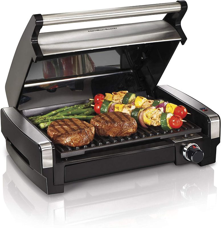 Photo 1 of **LID IS BROKEN BUT GRILL STILL TURNS ON**
Hamilton Beach Electric Indoor Searing Grill Removable Easy-To-Clean Nonstick Plate, 6-Serving, Extra-Large Drip Tray, Stainless Steel (25360)
