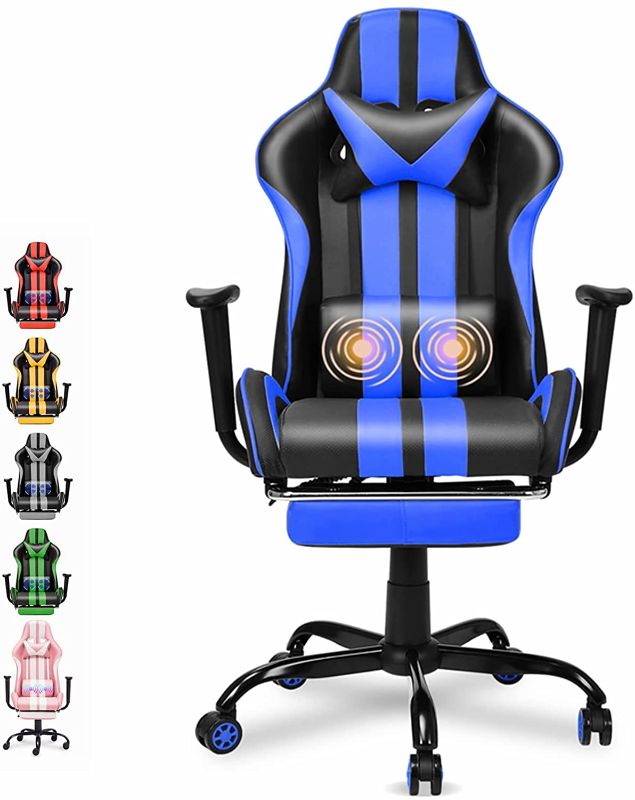 Photo 1 of Ferghana Racing Style PC Computer Chair,Computer Gaming Chair, E-Sports Chair,Ergonomic Office Chair with Height Adjustment,Retractable Footrest,Headrest and Massage Lumbar Support(Navy Blue)
