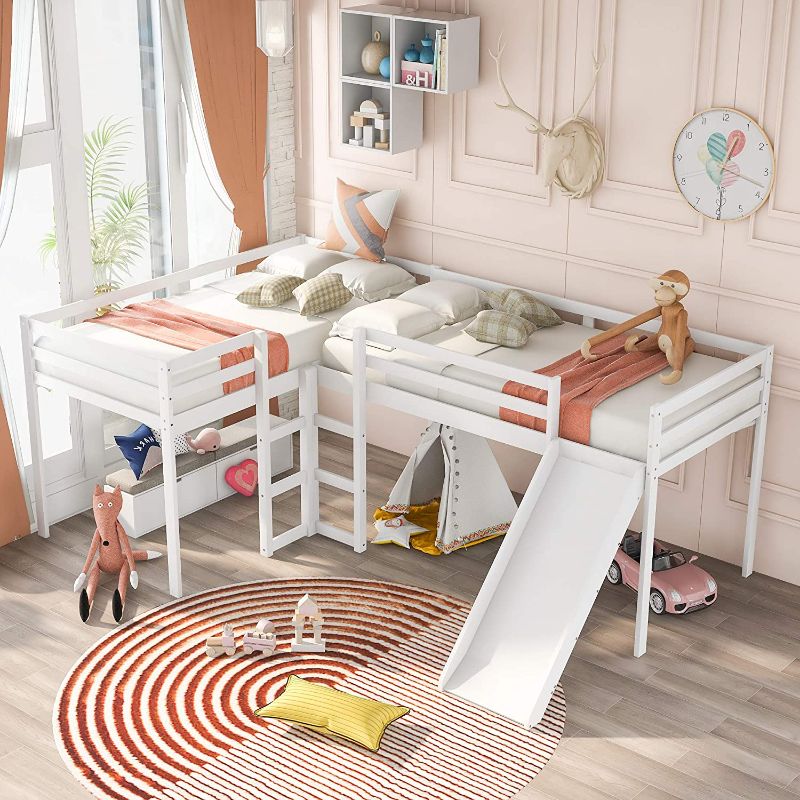 Photo 1 of ***MISSING OTHER BOXES*** L-Shaped Loft Bed with Slide and Ladders, SFGJ Solid Wood Twin Bed Frame for Kids Teens Girls Boys, Bedroom Guest Room (White)