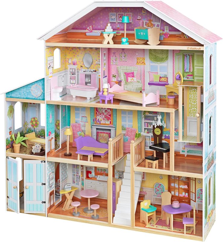 Photo 1 of KidKraft Grand View Mansion Wooden Dollhouse with EZ Kraft Assembly, Elevator, Garage, Attic Nursery and 34 Accessories, Gift for Ages 3+
