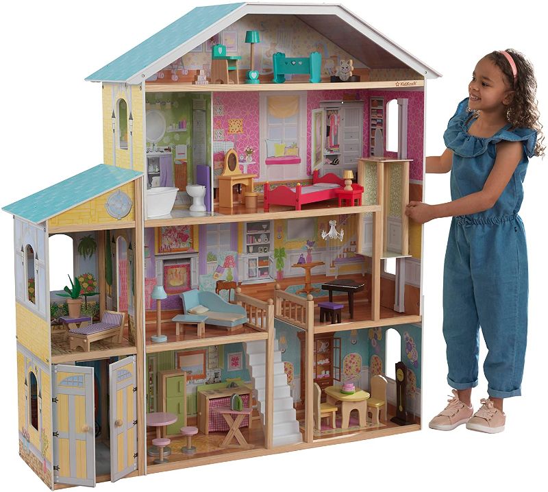 Photo 1 of KidKraft Majestic Mansion Wooden Dollhouse with 34-Piece Accessories, Working Elevator and Garage, Gift for Ages 3+
