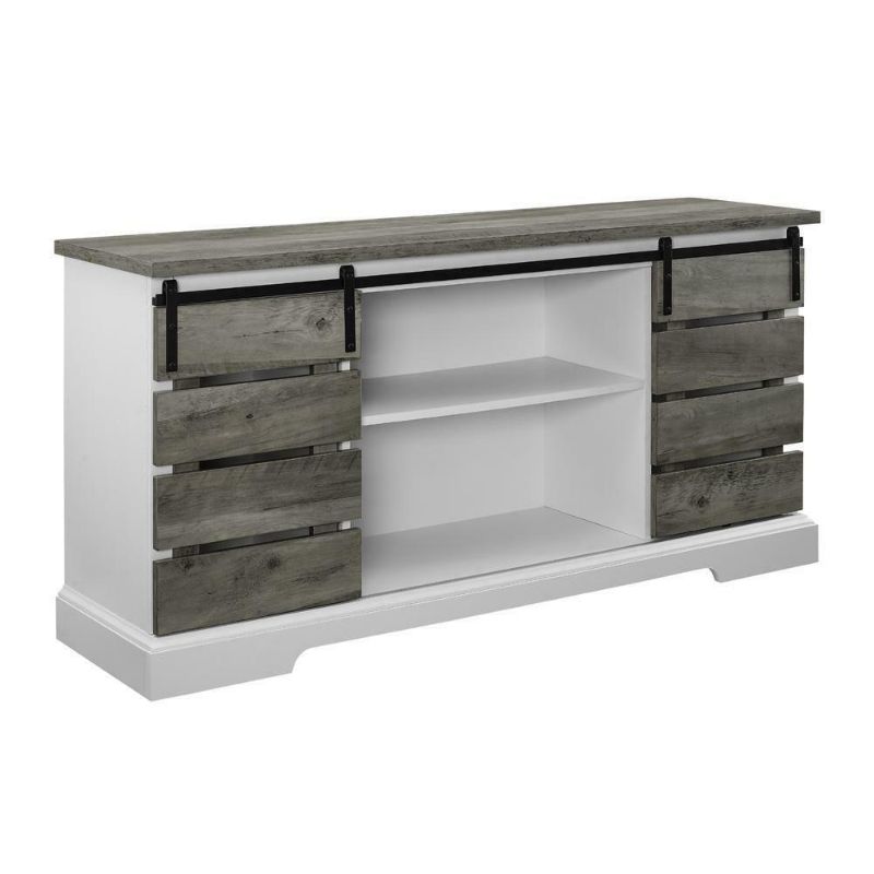 Photo 1 of 58" Farmhouse Sliding Slat Door TV Console - Grey Wash