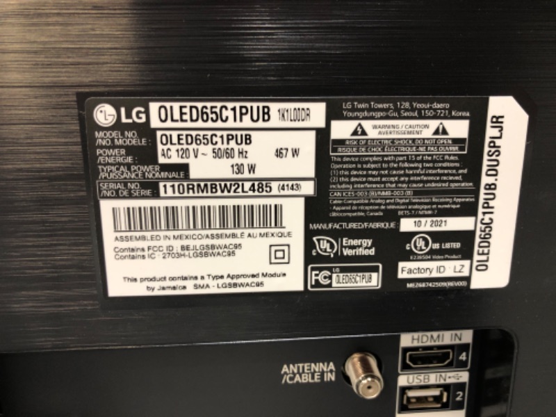 Photo 1 of POWERS ON, NOTHING DISPLAYS, NOT FUNCTIONAL**PARTS ONLY**
LG OLED65C1PUB 65 Inch 4K Smart OLED TV with AI ThinQ 2021 