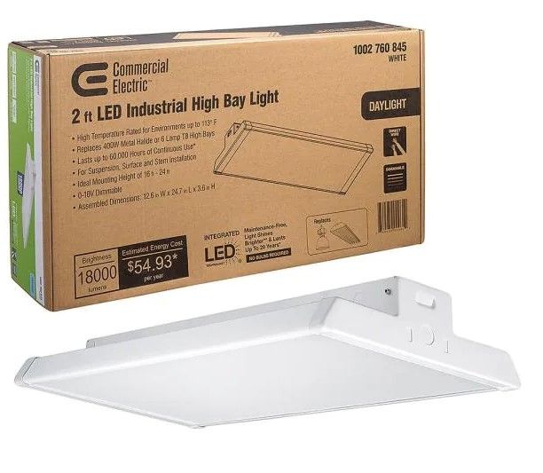 Photo 1 of 2 ft. 400-Watt Equivalent Integrated LED Dimmable White High Bay Light High Output 18,000 Lumens 5000K Daylight
