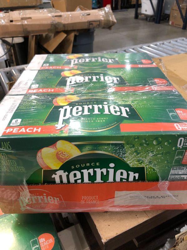 Photo 1 of  Perrier? Sparkling Natural Mineral Water with Peach Flavor, 8.45 Oz, Case of 30 Slim  exp:01/27/23