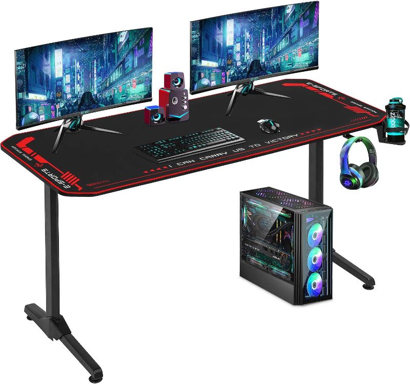 Photo 1 of MISSING HARDWARE***STOCK PHOTO NOT EXACT**MINOR DAMAGE **LOOK AT PHOTOS FOR DAMAGE***Computer Desk Gaming Desk 55 inches Home Office Desk with Headphone Hook Cup Holder and Socket Rack Full-Surface Mouse Pad Gamer Workstation for Adult Teens...
