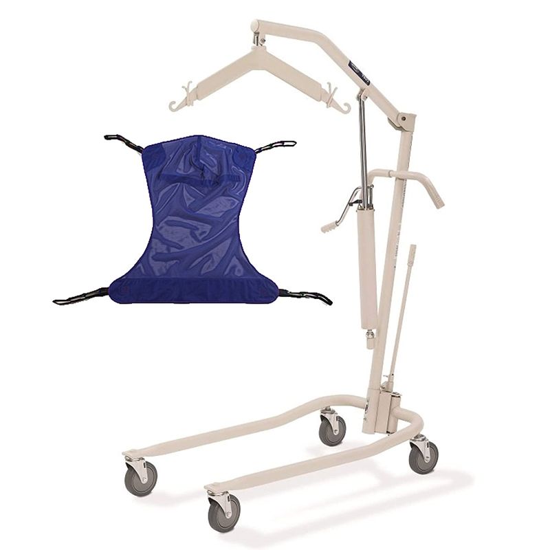 Photo 1 of ***MISSING HANGER AND BLUE CLOTH CARRIER***
Invacare Painted Hydraulic Lift with Full Body R110 (Medium) Mesh Sling | 450 lbs. weight capacity | 9805P model | Beige