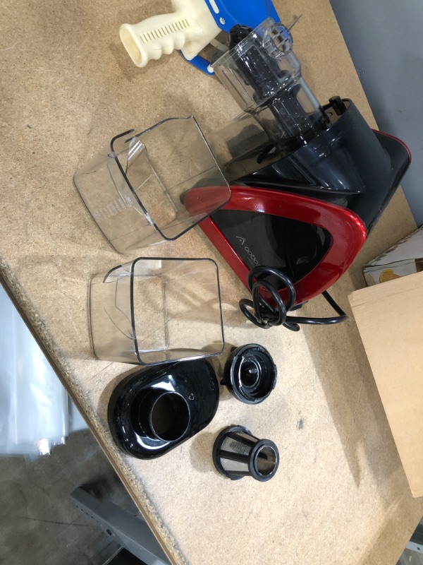 Photo 3 of **TESTED AND FUNCTIONS, BOWLS ARE BROKEN ** Aobosi Slow Masticating Juicer Machine, Cold Press juicer Extractor, Quiet Motor, Reverse Function, High Nutrient Fruit and Vegetable Juice with Juice Jug & Brush for Cleaning, Red
