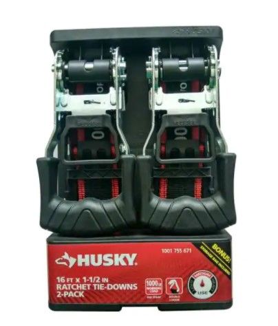 Photo 1 of Husky 16 ft. x 1-1/2 in. Ratchet Tie-Down Straps with J Hook (2-Pack)