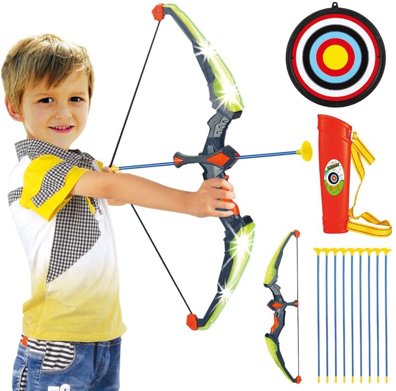 Photo 1 of Conthfut Bow and Arrow for Kids with LED Flash Lights - Archery Bow with 9 Suction Cups Arrows, Target, and Quiver, Practice Outdoor Toys for Children Above 3-12 Years Old (Green(New))
