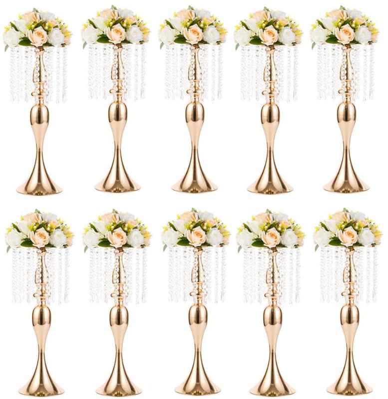 Photo 1 of 10 Pcs 21.3 inches Tall Crystal Flower Stand Wedding Road Lead Tall Flower Holders Centerpiece Crystal Flower Chandelier Metal Flower Vase for Reception Tables Wedding Supplies
