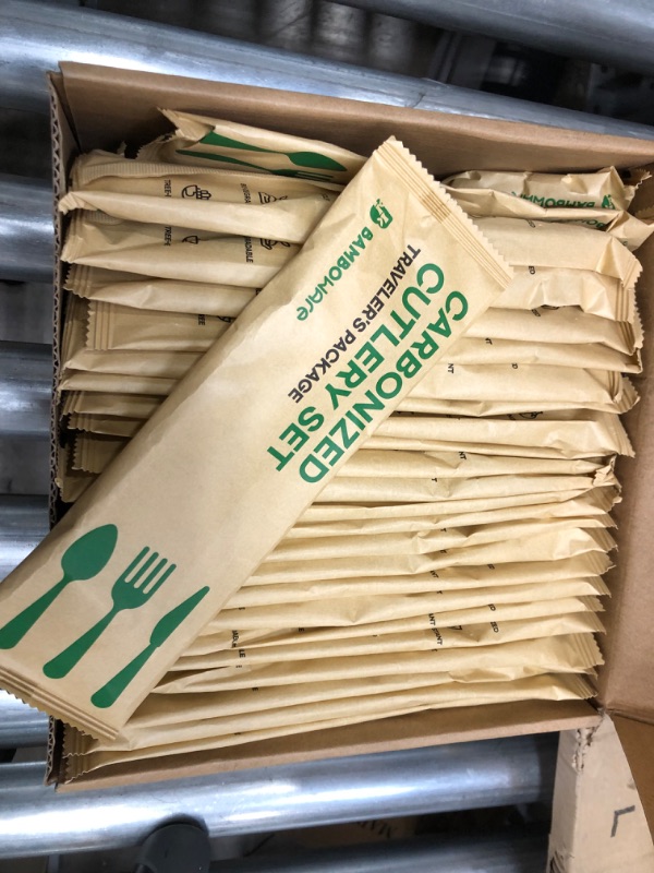 Photo 2 of 100% Bamboo Utensils - 50SET(150PCS) Traveler Package Carbonized Disposable Cutlery Biodegradable and Sanitized - Heavy Duty & Fully Functional
