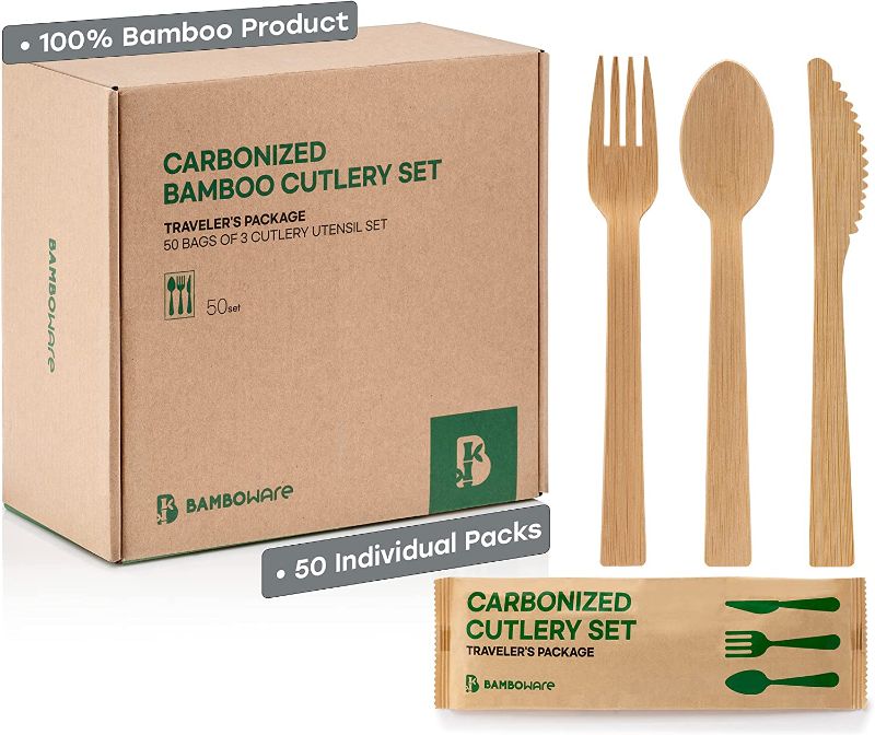 Photo 1 of 100% Bamboo Utensils - 50SET(150PCS) Traveler Package Carbonized Disposable Cutlery Biodegradable and Sanitized - Heavy Duty & Fully Functional
