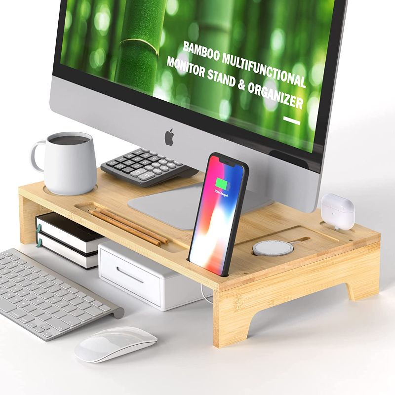 Photo 1 of 7in1 Computer Monitor Stand Riser Phone Wireless Charger Station Organizer for Desk, Bamboo Wood Home & Office Shelf Desktop Storage with Mug Holder & Stationery Container 19.5" x 11.6" x 3.6" (V1.0)
