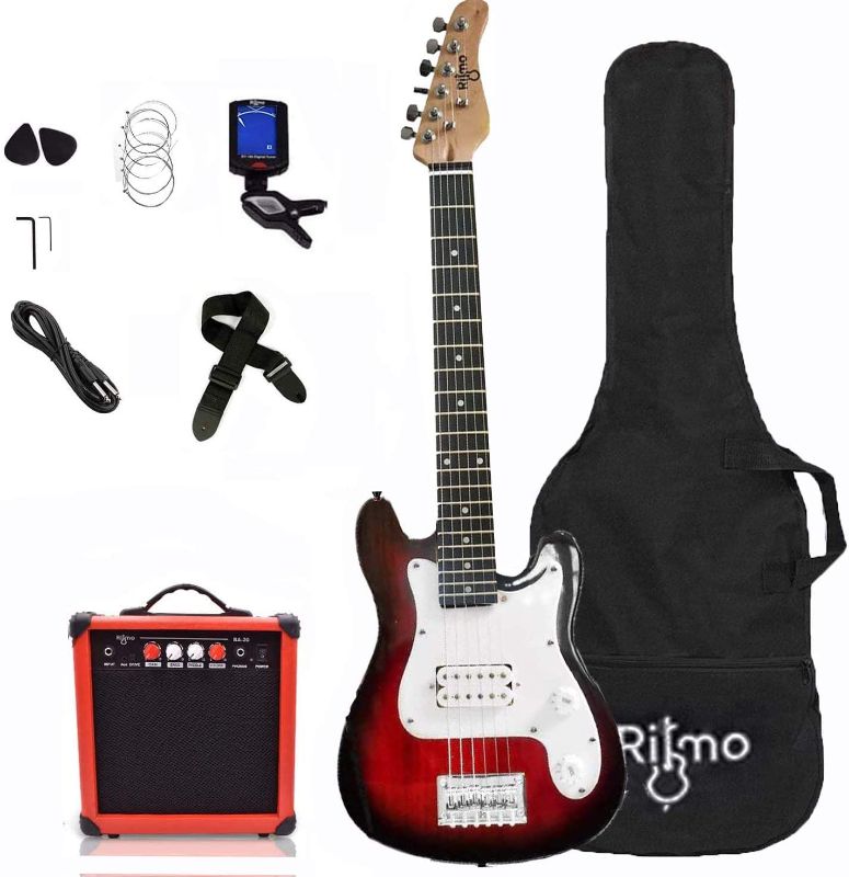 Photo 1 of  USED: Kids 30 Inch Electric Guitar and Amp Complete Bundle Kit for Beginners-Starter Set Includes 6 String Guitar, 20W Amplifier with Distortion, 2 Picks, Shoulder Strap, Tuner, Bag Case - Red
