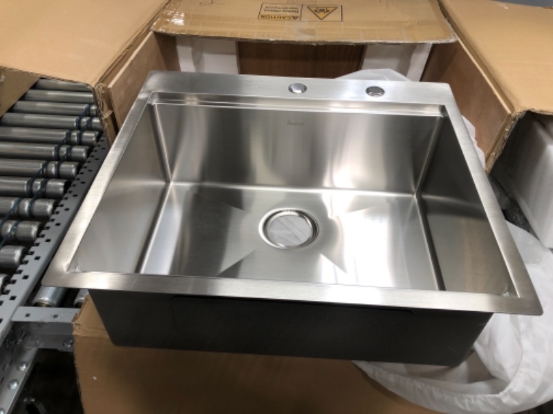 Photo 2 of 25 Inch Drop-in Workstation Kitchen Sink - Beslend 25"x22"x10" Stainless Steel Topmount 16 Gauge Single Bowl 10" Deep Kitchen Sink Basin with Accessories
