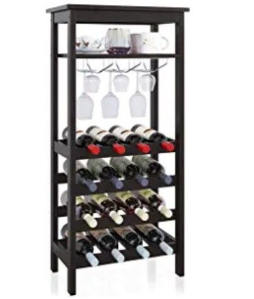 Photo 1 of *Stock photo similar to item**Loose hardware, may be incomplete*
SMIBUY Wine Rack with Glass Holder & Table Top, 16 Bottles Storage, Floor Free Standing Bamboo Display Shelves Bar (Espresso)
