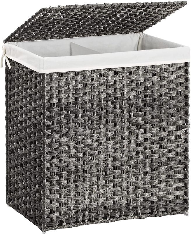 Photo 1 of **DAMAGE** SONGMICS Laundry Hamper, 29 Gal (110L) Divided Laundry Basket with Removable Liner Bag, Synthetic Rattan Handwoven, with Lid and Handles, Foldable, 22.4 x 13 x 23.6 Inches, Gray ULCB52WG
