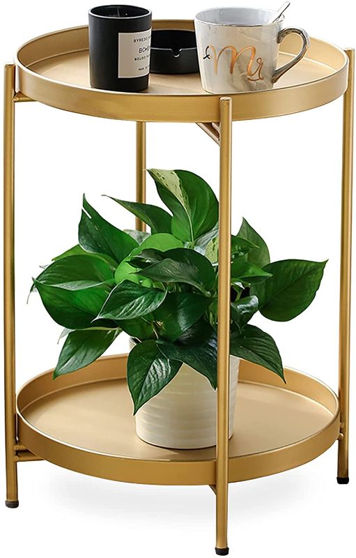 Photo 1 of FUNME Gold Folding End Table 2-Tier Metal Round Side Table with Removable Tray for Living Room,(15.2”Dx20”H)
