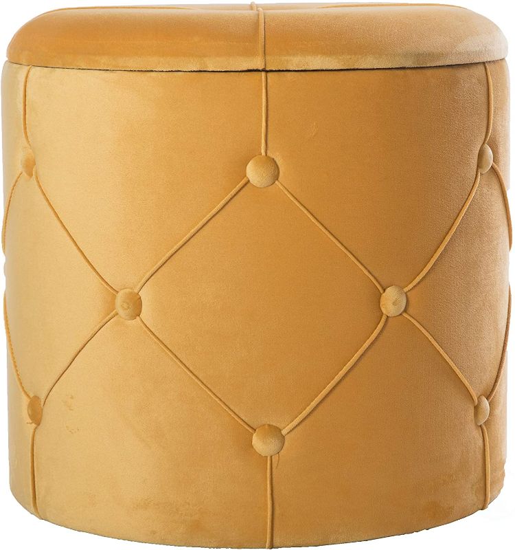 Photo 1 of Bold Tones Round Wooden Velvet Ottoman Stool with Lid, Yellow,
