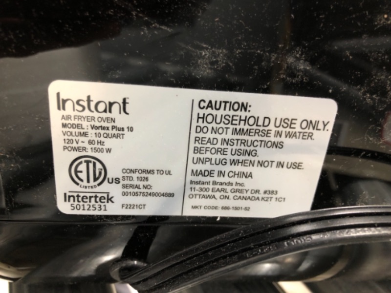 Photo 3 of TESTED POWERS ON* MINOR CRACK ON TOP  CORNER*
Instant Vortex Plus 10 Quart Air Fryer, Rotisserie and Convection Oven, Air Fry, Roast, Bake, Dehydrate and Warm, 1500W, Stainless Steel and Black
