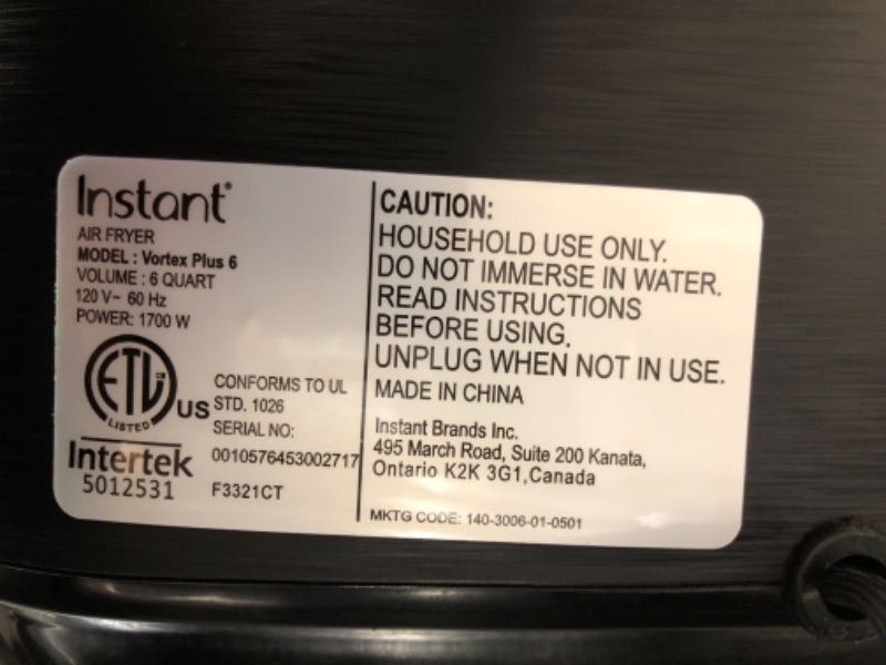 Photo 3 of TESTED TURNS ON*
Instant Vortex Plus 6-in-1 6QT Large Air Fryer Oven Combo (Free App With 90 Recipes), Customizable Smart Cooking Programs, Nonstick and Dishwasher-Safe Basket, Stainless Steel
