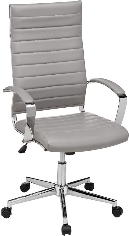 Photo 1 of Amazon Basics High-Back Executive Swivel Office Desk Chair with Ribbed Puresoft Upholstery - Grey, Lumbar Support, Modern Style
