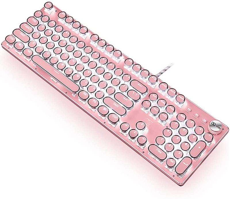 Photo 1 of Gaming Keyboard,Retro Punk Typewriter-Style, Blue Switches, White Backlight, USB Wired, for PC Laptop Desktop Computer, for Game and Office, Stylish Pink Mechanical Keyboard (Round Keycaps)
