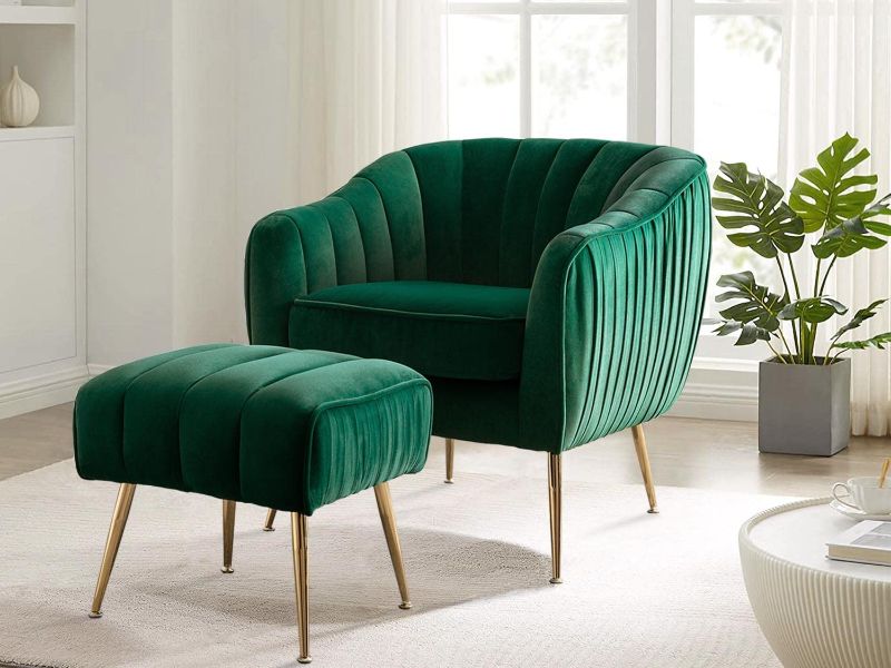 Photo 1 of **INCOMPLETE BOX 1 OF 2**
Altrobene Velvet Accent Chair with Ottoman, Modern Tufted Barrel Chair Ottoman Set for Living Room Bedroom, Golden Finished, Christmas Green
