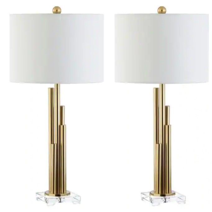 Photo 1 of Hopper 32 in. Brass Gold Tiered Table Lamp with White Shade (Set of 2)
