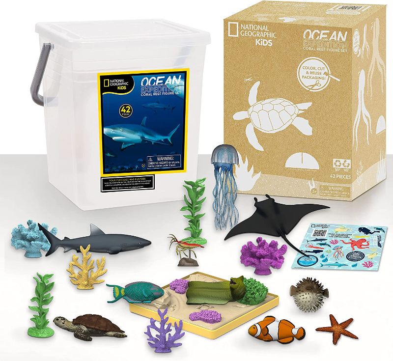 Photo 1 of Just Play National Geographic Kids Tub of Realistic Sea Animal Toy Figures for Kids, QR Code to Shark, Turtle, Jellyfish Facts, Recycled Material Packaging, Storage Container, 
