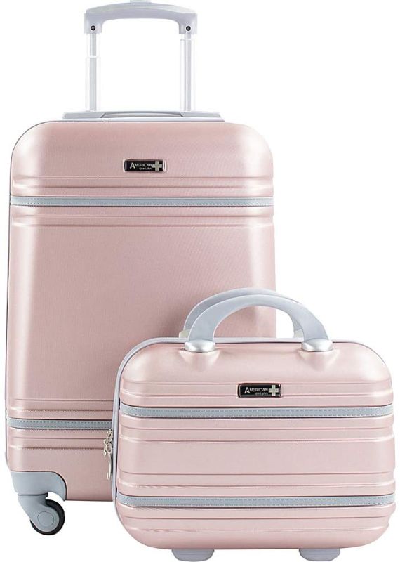 Photo 1 of American Sport Plus - Varsity Hardside Carry-On and Weekender Luggage Set with Spinner Wheels, 2-Piece, Rose Gold/Grey (20-inch & 12-inch)
