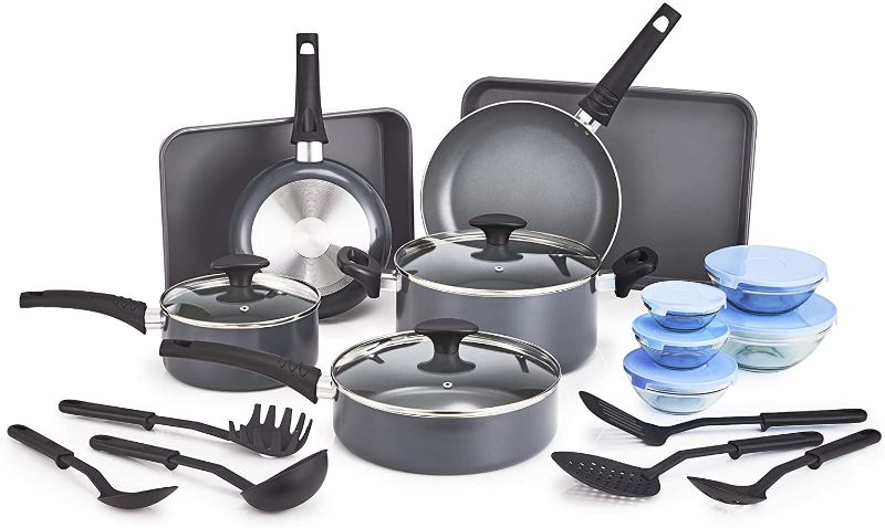 Photo 1 of **INCOMPLETE**
BELLA 21 Piece Cook Bake and Store Set, Kitchen Essentials for First or New Apartment, Assorted Non Stick Cookware, 9 Nylon Hassle-Free Cooking Tools, 5 Glass Storage Bowls w Lids, BPA & PFOA Free
