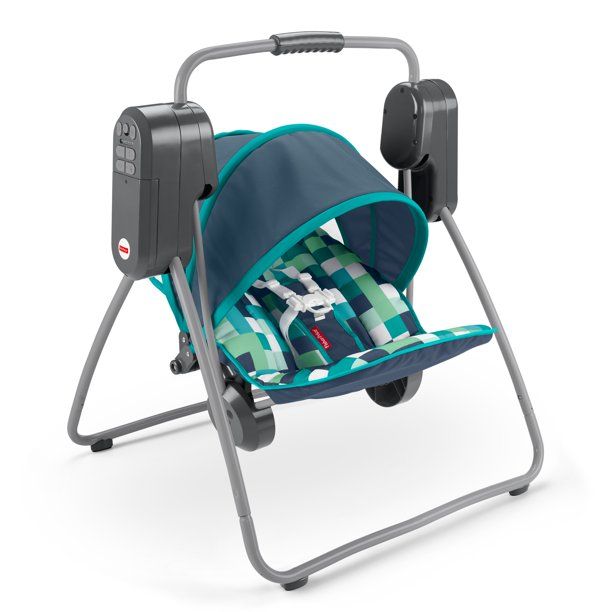 Photo 1 of Fisher-Price On-the-Go Baby Swing with 6 Swinging Speeds and Canopy, Blue Check