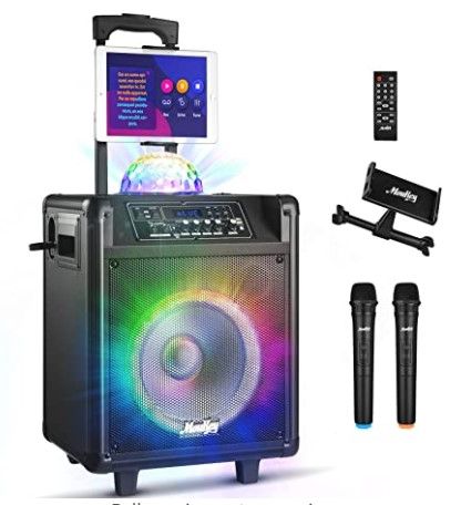 Photo 1 of Moukey Karaoke Speaker Machine, 540W Bluetooth 5.0 Portable System PA Stereo, 10" Subwoofer,Colorful Lights,Rechargeable Battery,2 VHF Microphones, Recording Function,MP3/USB/TF/FM Radio-MTs10-4  ***Screen does not work***
