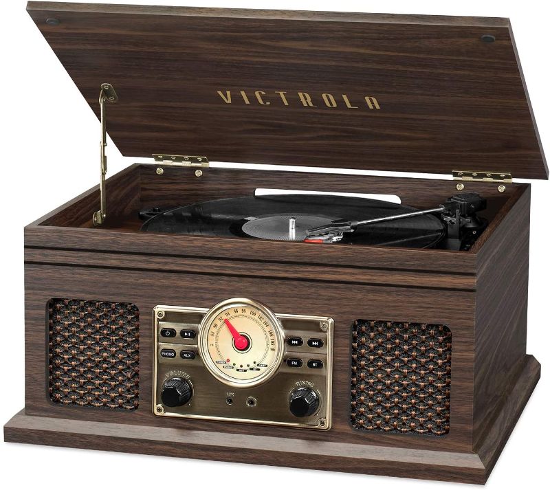 Photo 1 of Victrola 4-in-1 Nostalgic Bluetooth Record Player with 3-Speed Record Turntable and FM Radio, Espresso
*MISSING FRONT PANEL - SEE IN PICTURE , STILL WORKS AND PLAYS MUSIC*