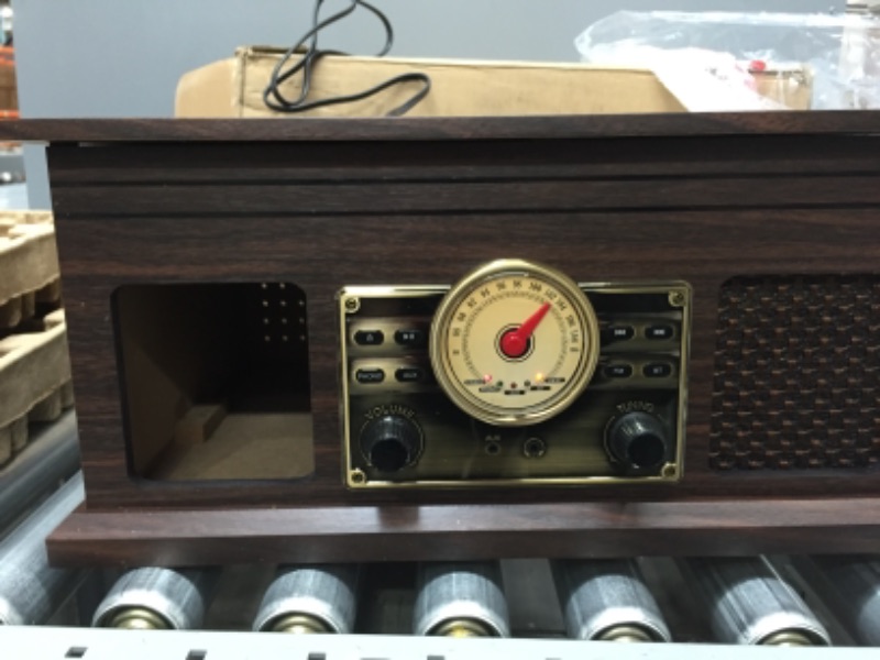 Photo 6 of Victrola 4-in-1 Nostalgic Bluetooth Record Player with 3-Speed Record Turntable and FM Radio, Espresso
*MISSING FRONT PANEL - SEE IN PICTURE , STILL WORKS AND PLAYS MUSIC*