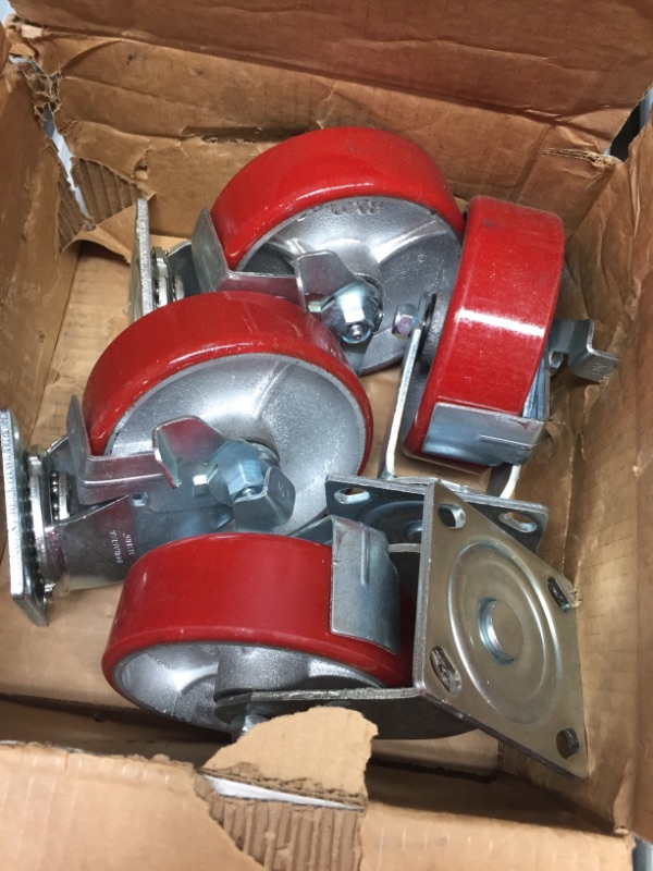 Photo 2 of 
5" x 2" Heavy Duty Swivel Caster Set of 4 - Red Polyurethane on Steel Core with Brakes - 4,400 lbs Per Set of 4 - Toolbox Casters - CasterHQ

**USED - DIRTY**