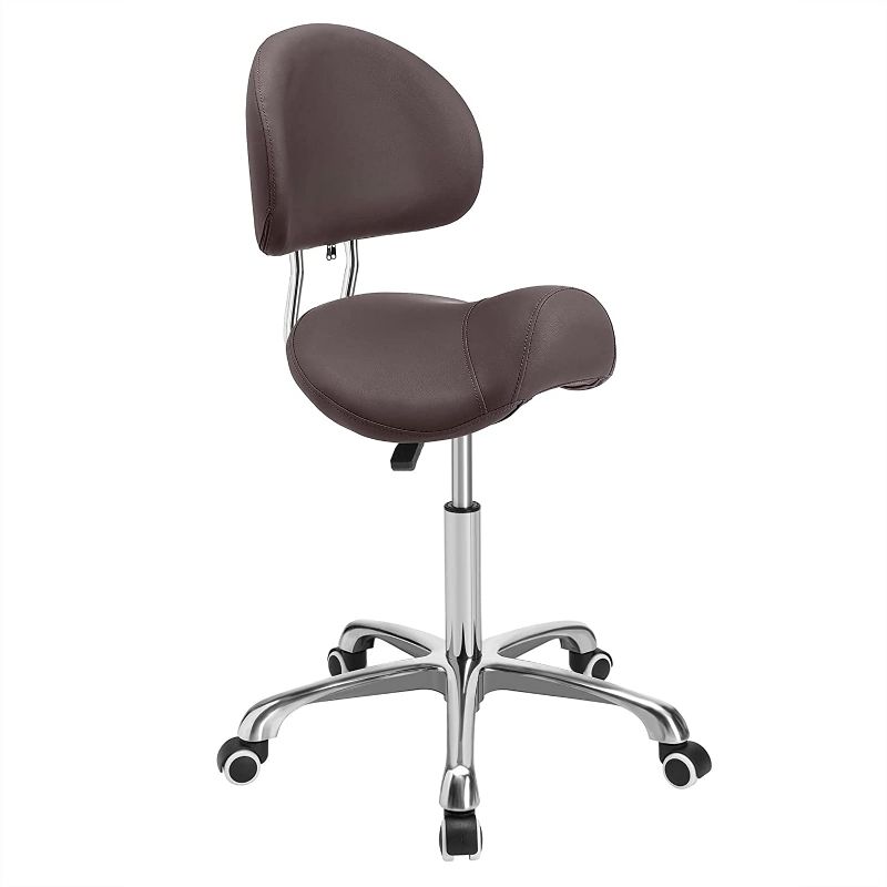 Photo 1 of Kaleurrier Saddle Stool Rolling Swivel Height Adjustable with Wheels,Heavy Duty Stool,Ergonomic Stool Chair for Lab,Clinic,Dentist,Salon,Massage,Office and Home Kitchen (Coffee, with Back)

