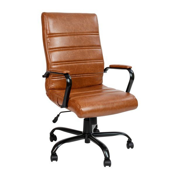 Photo 1 of USED: High Back Brown LeatherSoft Executive Swivel Office Chair with Black Frame and Arms 26"W x 27"D x 39.25" - 43"H
